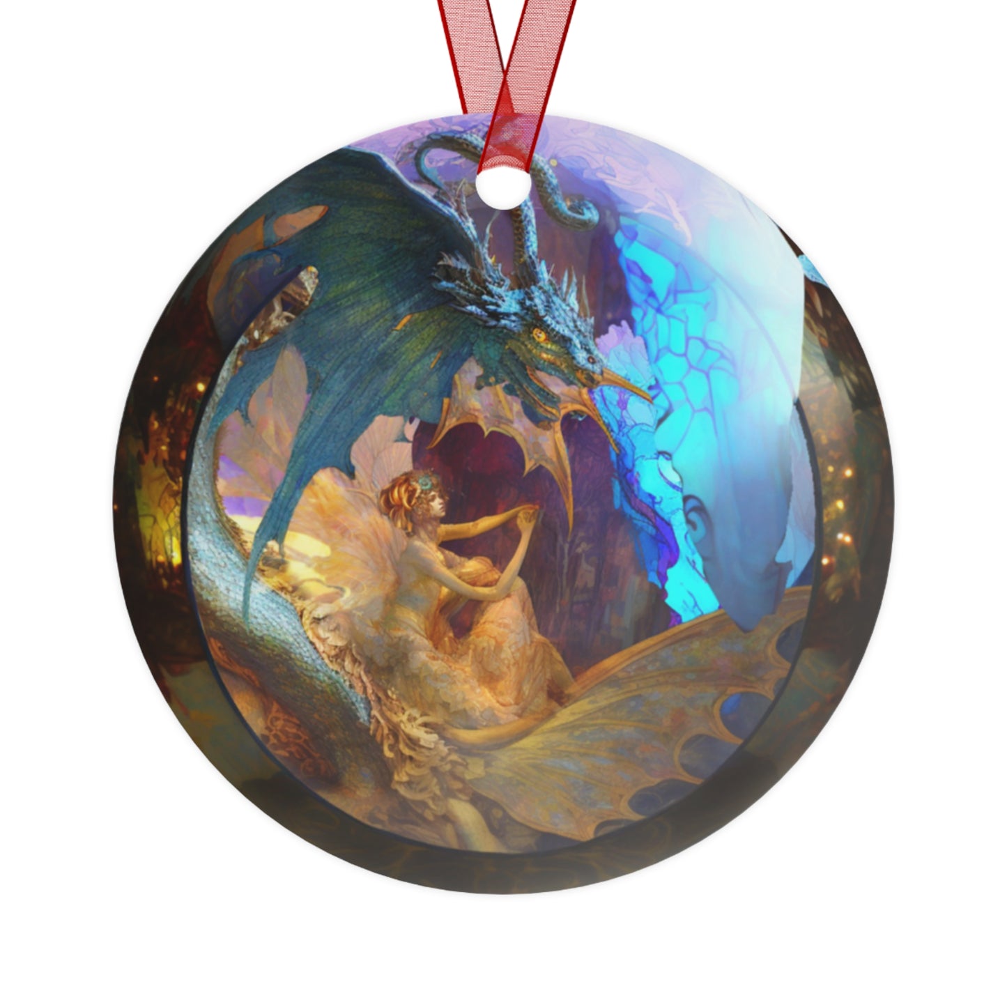 The Teafaerie: a transparent spherical glass christmas ornament designed by alphonse mucha and maxfield parrish. art nouveau. Highly detailed and elaborately ornate. An intricately rendered dragon with translucent diaphanous wings inside. Metal Ornament