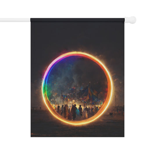 a bright rainbow circle of magic at burning man, cinematic - Garden & House Banner