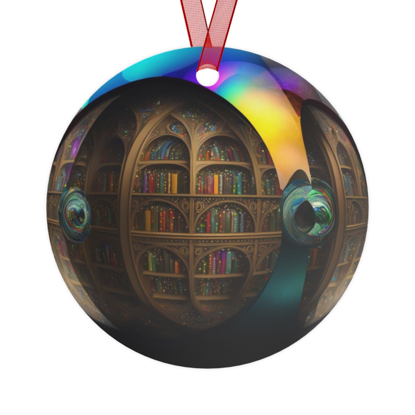 The Teafaerie: a transparent spherical glass christmas ornament with an infinite library inside of it. Zero gravity. spherical library Realistically rendered. Metal Ornament