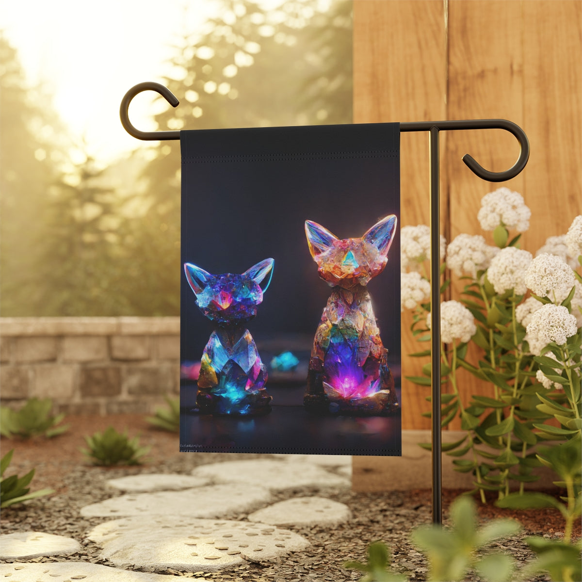 multicolored crystal fox and cat statues, magical, light background