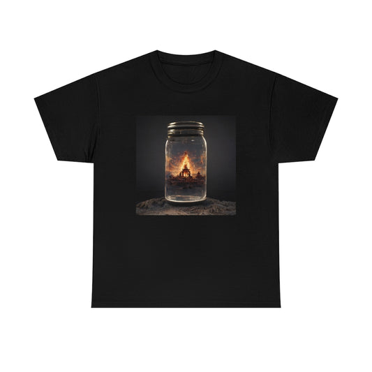 glass_jar_with_burning_man_temple_inside_black_rock_city - Unisex Heavy Cotton Tee