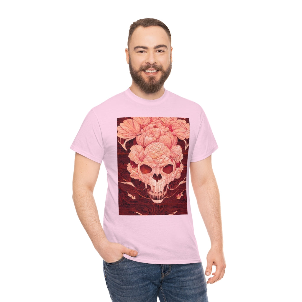 tiling pattern on wood panel of small skulls and vivid roses, gouache illustration - Unisex Heavy Cotton Tee