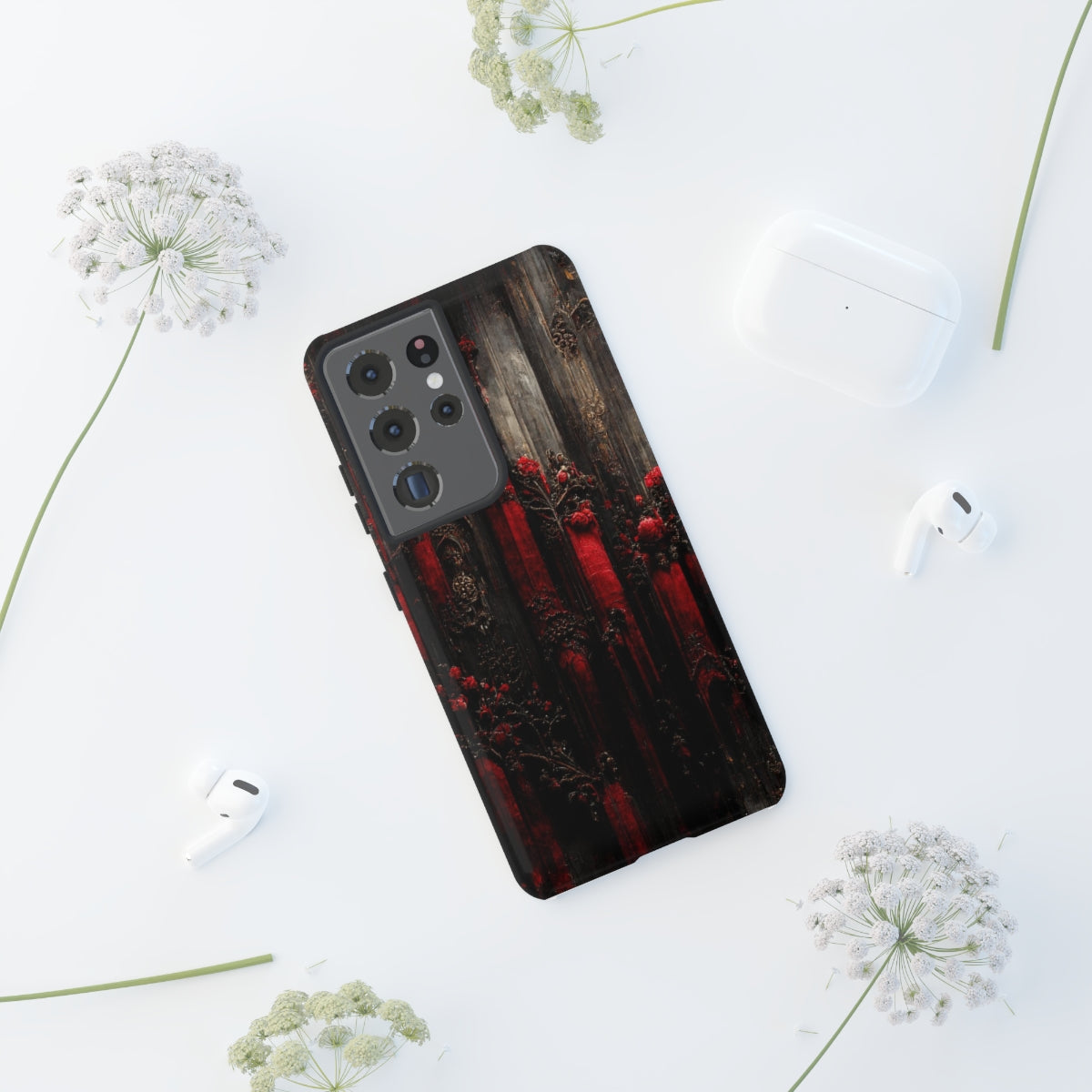 phone case - wall paper texture of red and black gothic painting octane rendering cinematic wooden detailed design frame