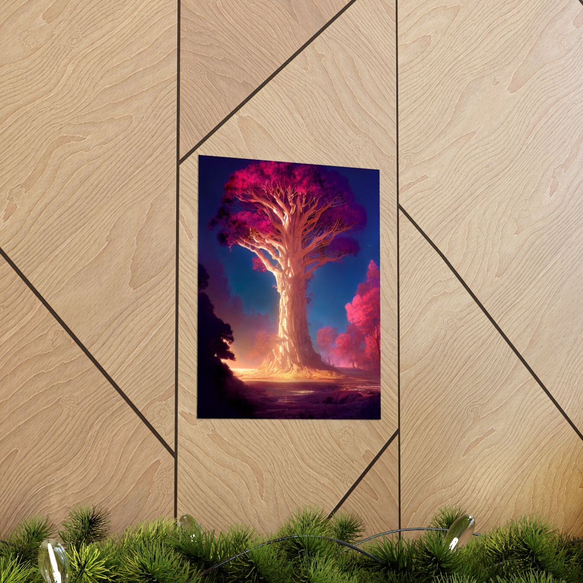 Premium Matte vertical posters - gate to a psychedelic realm, giant tree, light, highly detailed, immersive, volumetric light, detailed concept art