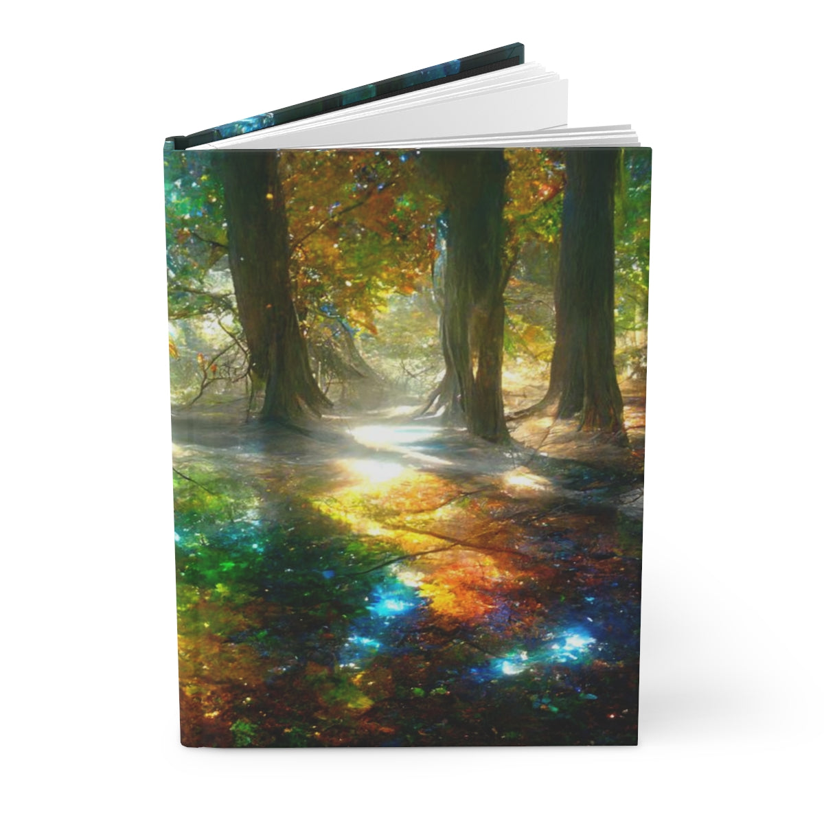 a picture of trees that have mirrors, crystals, and gemstones as leaves, sunlight is dispersed through crystal leaves creating rainbows - Hardcover Journal Matte