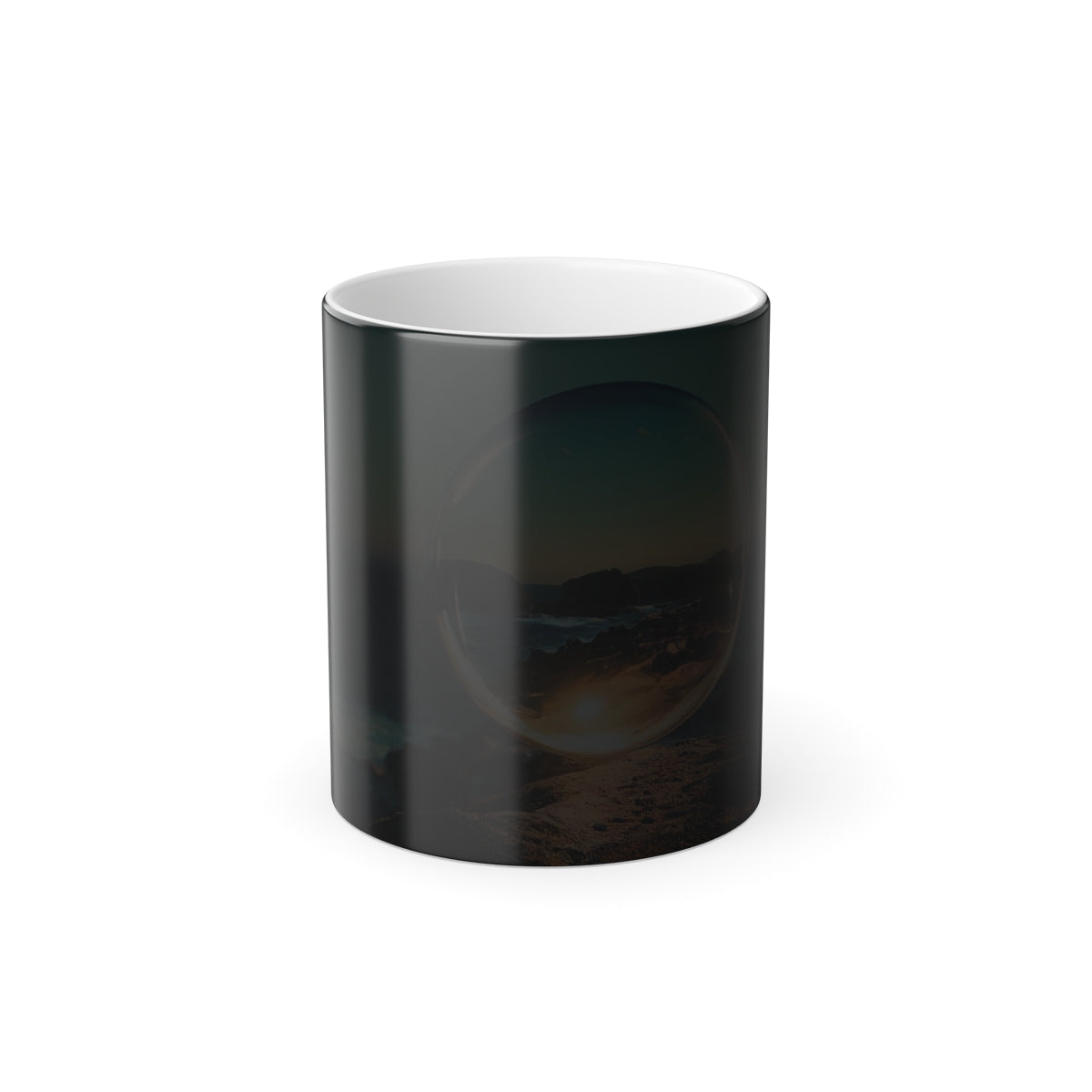 clear spherical bubble houses, set perfectly on top of a rocky shore, beautiful ocean coast -  Color Morphing Mug, 11oz