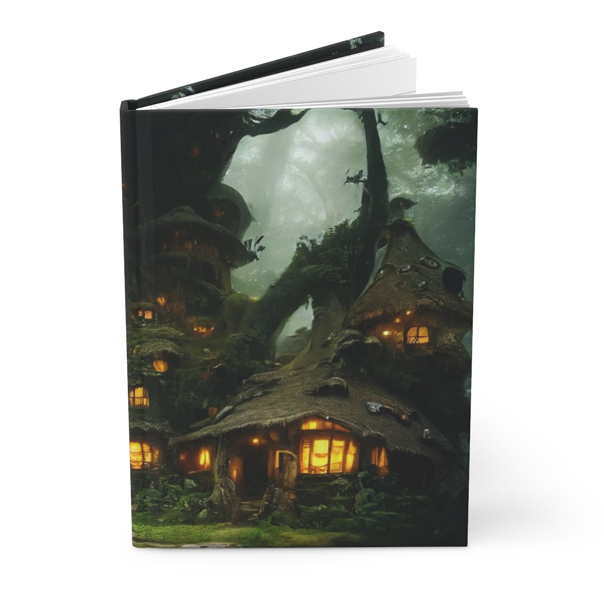 a detailed old overgrown cottage fantasy tree house in a mystical jungle grove with many mushrooms, ancient forest, hanging moss - Hardcover Journal Matte