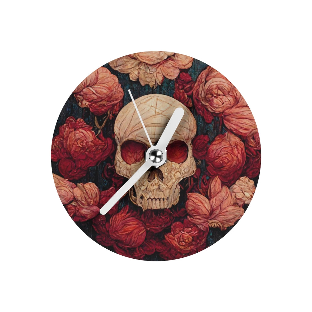 tiling pattern on wood panel of small skulls and vivid roses, gouache illustration