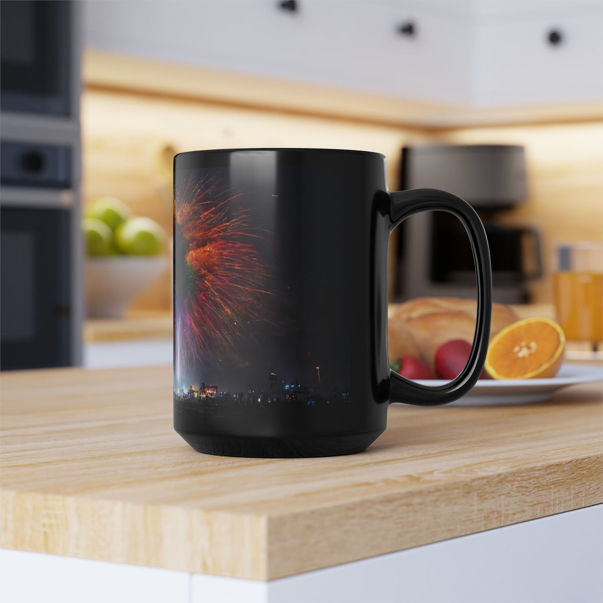 giant rainbow fireworks exploding in the sky, black rock city in the background, lasers and lights illuminating dust, last star in an early morning sky, crowds of people dancing below, Black Mug, 15oz