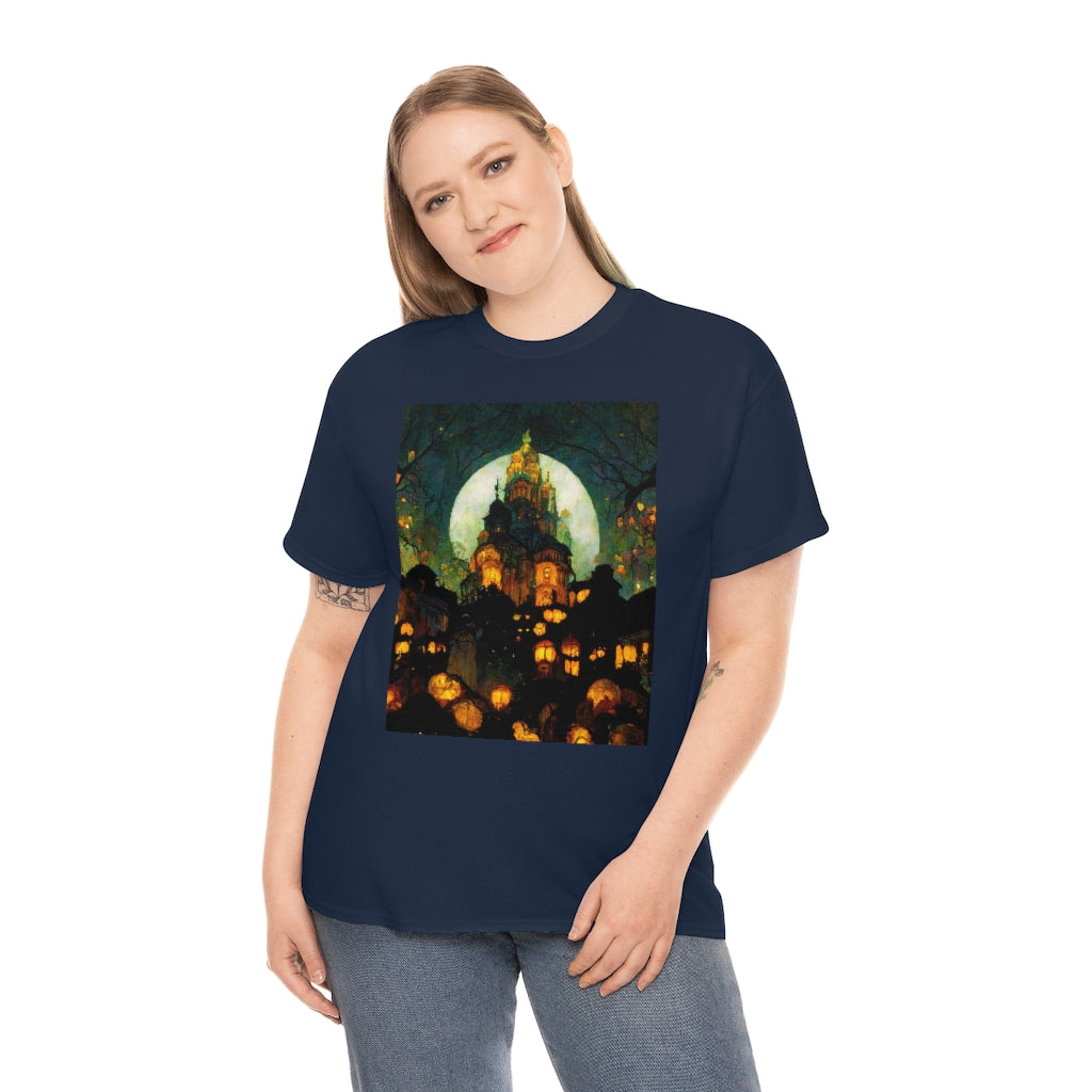 street-level_view_of_halloween_town_at_night_by_alphonse_mucha - Unisex Heavy Cotton Tee