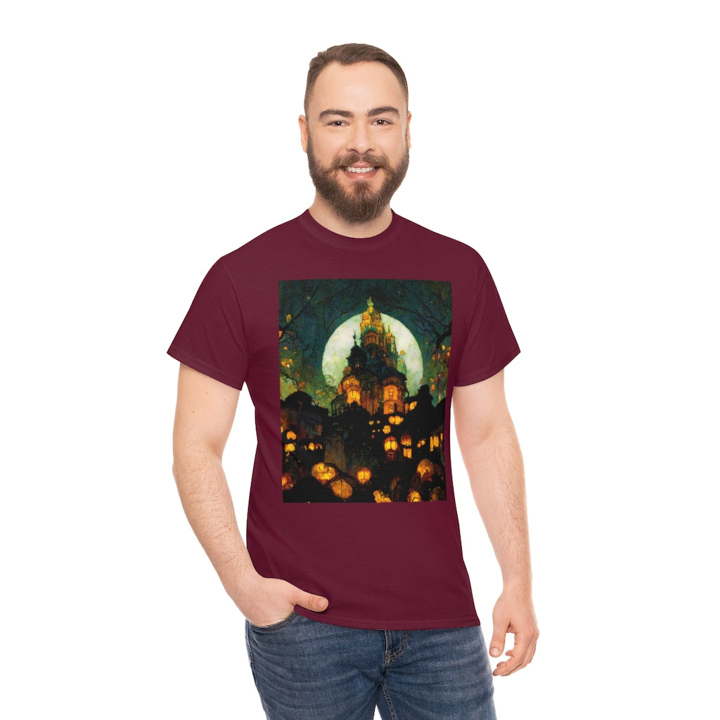 street-level_view_of_halloween_town_at_night_by_alphonse_mucha - Unisex Heavy Cotton Tee