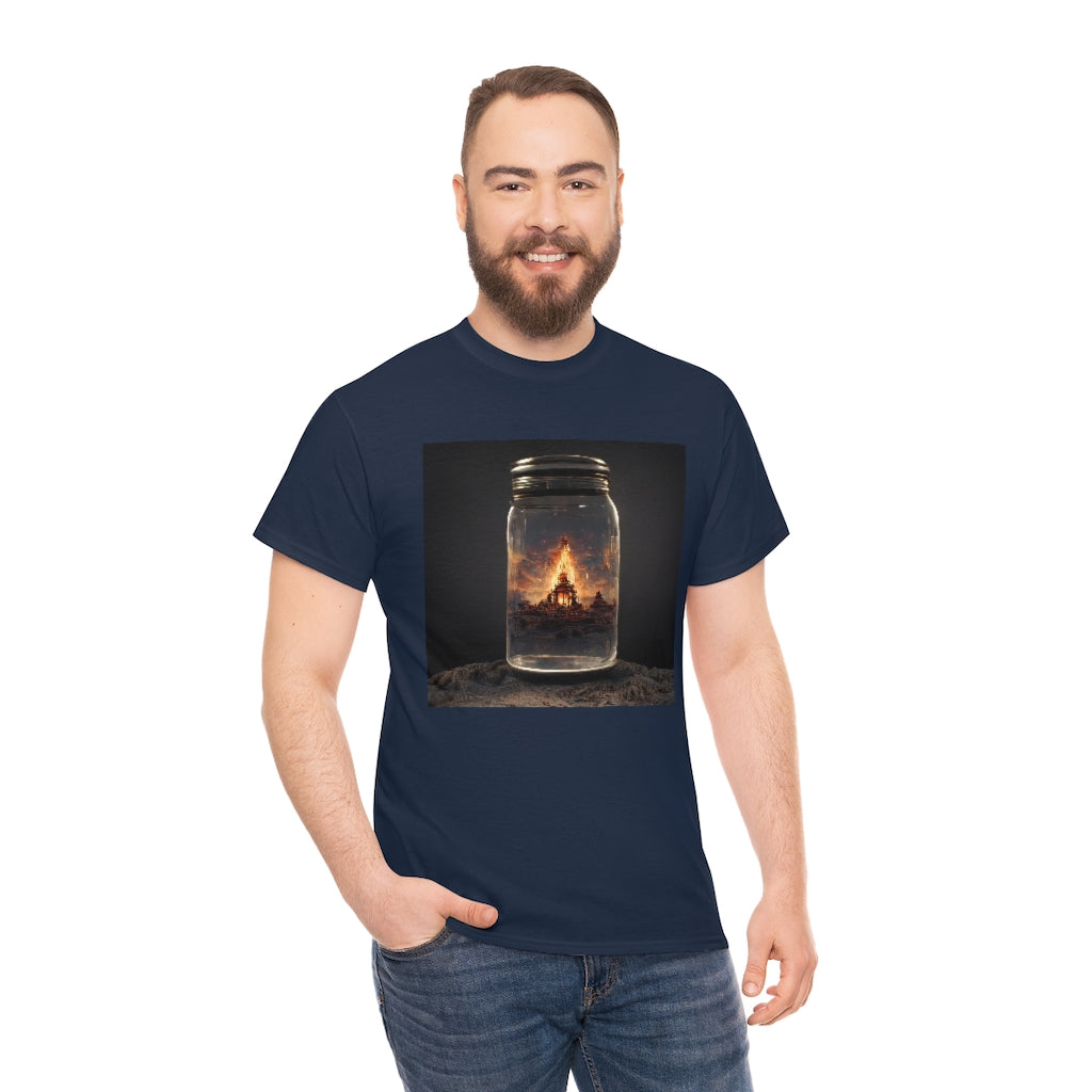 glass_jar_with_burning_man_temple_inside_black_rock_city - Unisex Heavy Cotton Tee