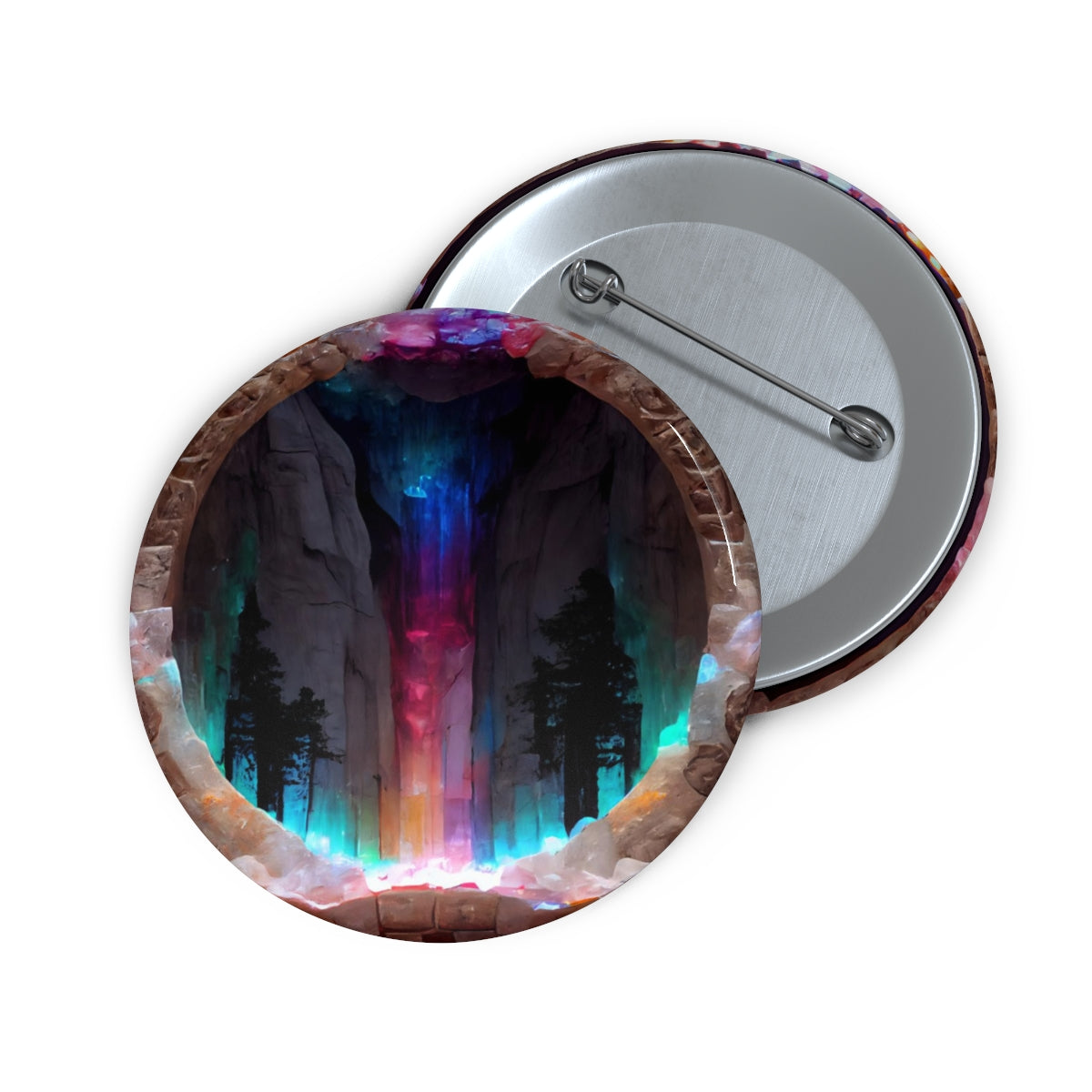 Pin Buttons - psychedelic portal to yosemite made of gemstones and glowing runes