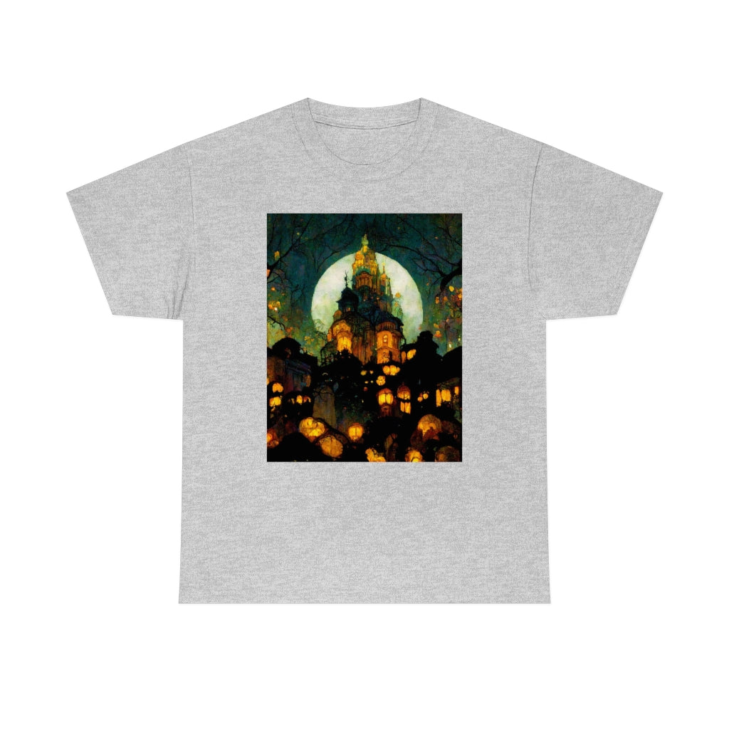 street-level_view_of_halloween_town_at_night_by_alphonse_mucha - Unisex Heavy Cotton Tee