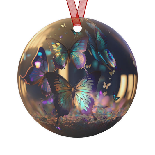 The Teafaerie:  a transparent translucent iridescent somewhat reflective spherical glass christmas bauble covered with iridescent butterflies. Metal Ornament