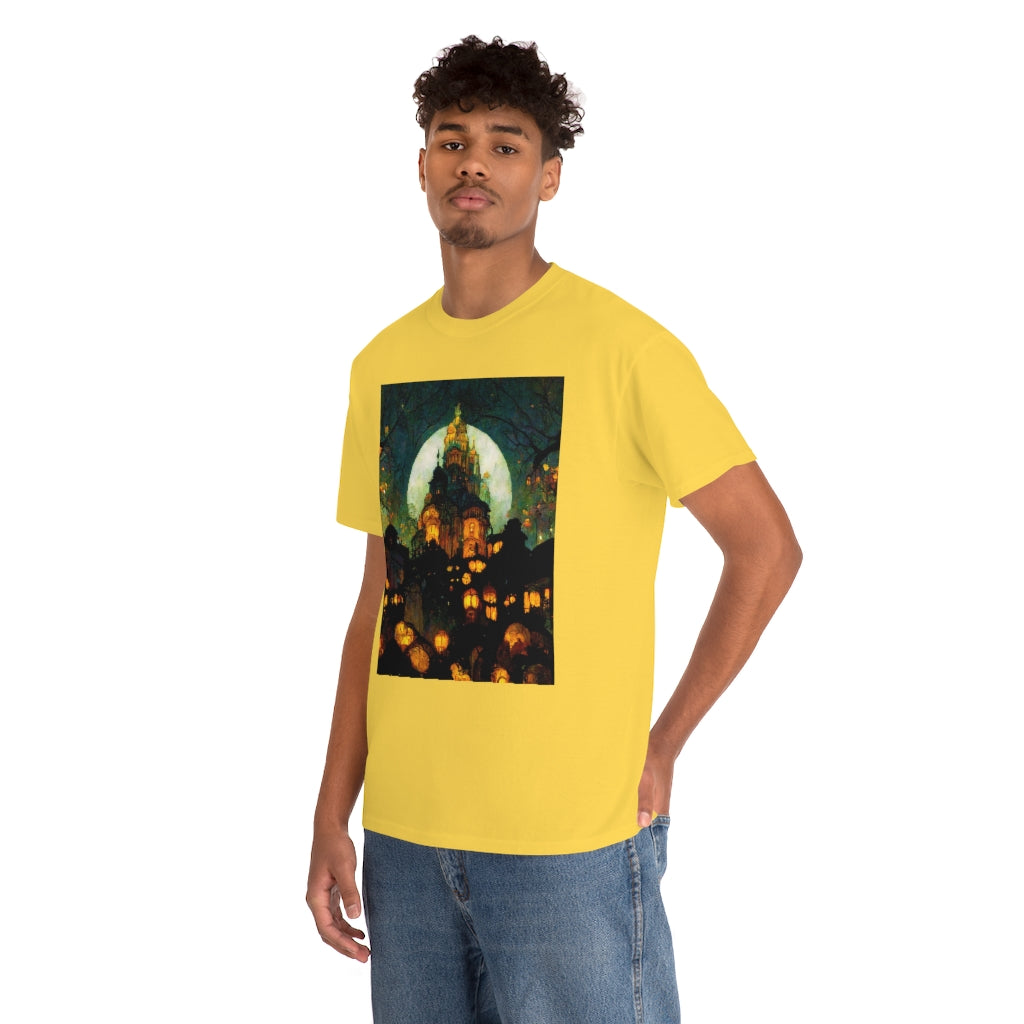 street-level_view_of_halloween_town_at_night_by_alphonse_mucha - Unisex Heavy Cotton Tee