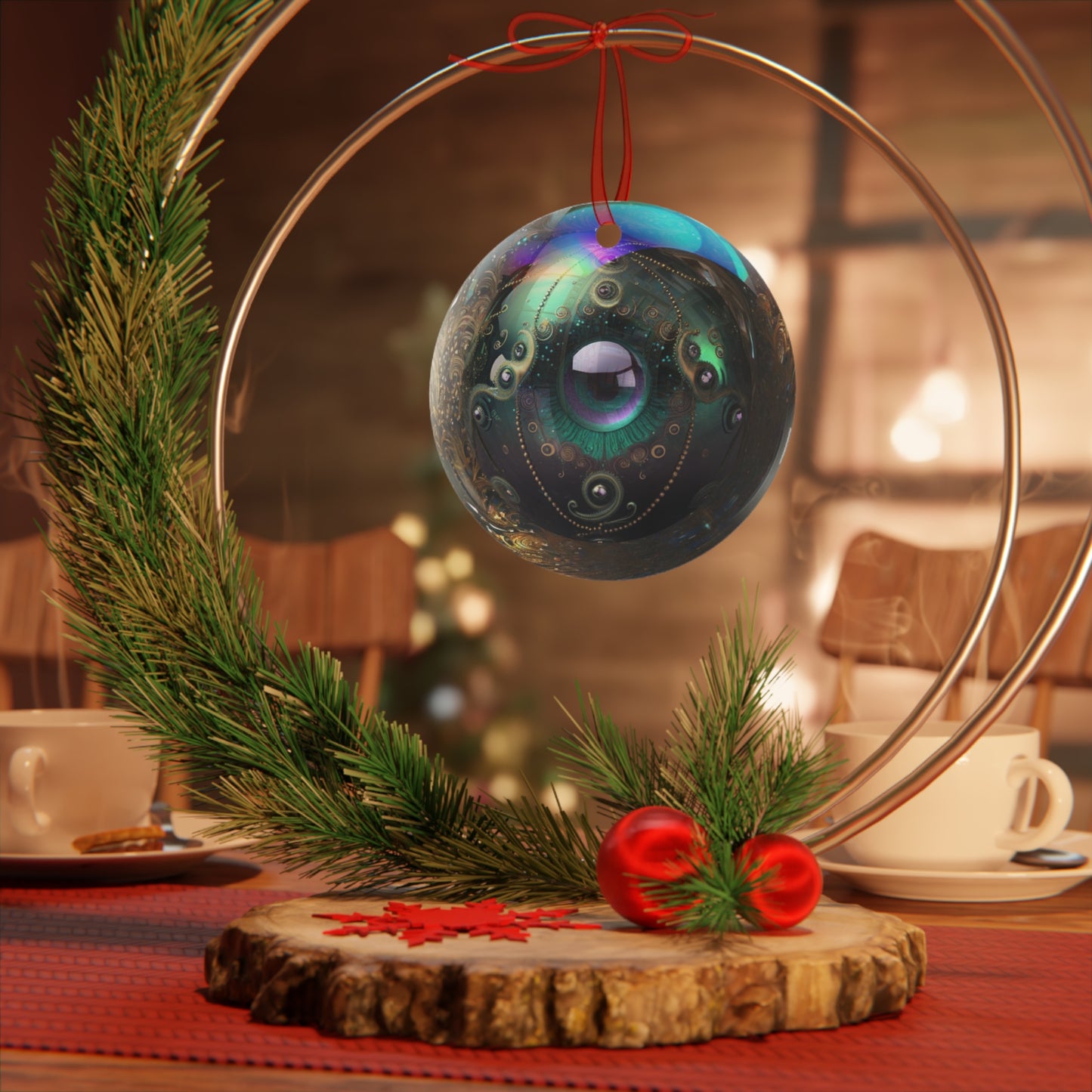 The Teafaerie: A spherical glass Christmas bauble with. The glass is translucent and iridescent. There is a large eyeball inside of it and there are elaborately ornate tentacle shapes embellishments decorating the outside. Metal Ornament