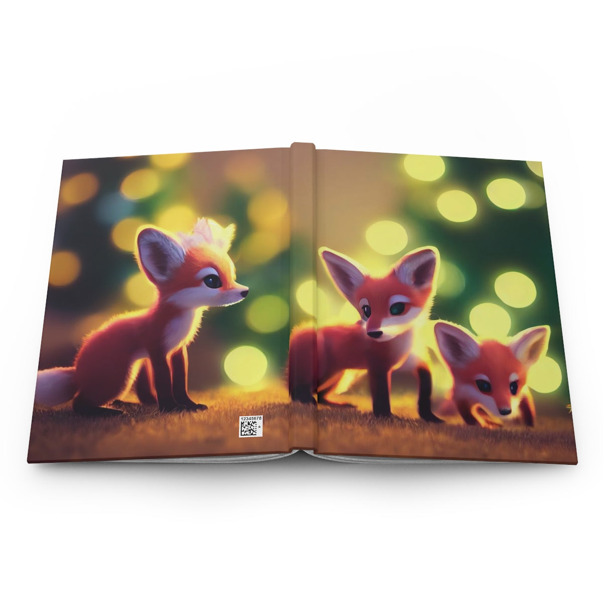 a few tiny cute adorable baby foxes, xmas tree in background, intricate fluffy details - Hardcover Journal Matte