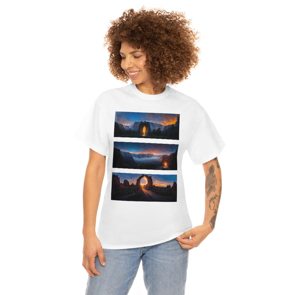 wide_angle_photo_of_a_magical_portal_in_(yosemite_valley, the_grand_canyon, arches_national_park) - Unisex Heavy Cotton Tee