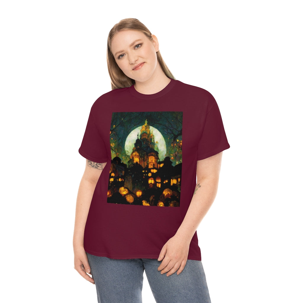 street-level_view_of_halloween_town_at_night_by_alphonse_mucha - Unisex Heavy Cotton Tee