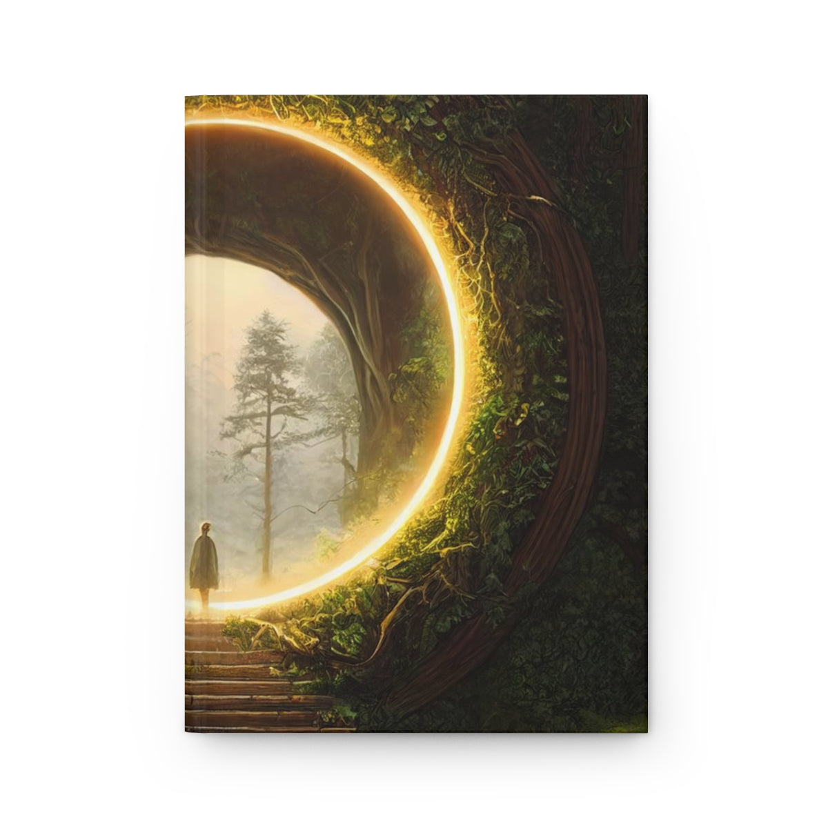 a majestic stargate covered in ivy, set in a redwood forest, golden hour, intricate details - Hardcover Journal Matte