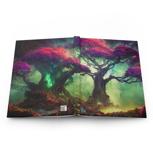 beautiful magical fantasy, massive ancient gnarled tree forest, multi-colored lights, background waterfall cascading - Hardcover Journal Matte