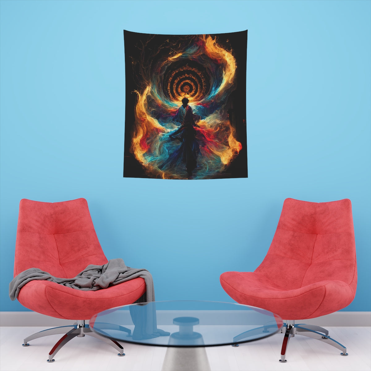 god of psychedelics dancing in a vortex made of fire - Indoor Wall Tapestries