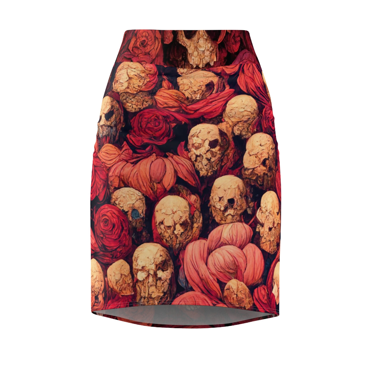 tiling pattern on wood panel of large skulls and vivid roses, gouache illustration - Women's Pencil Skirt