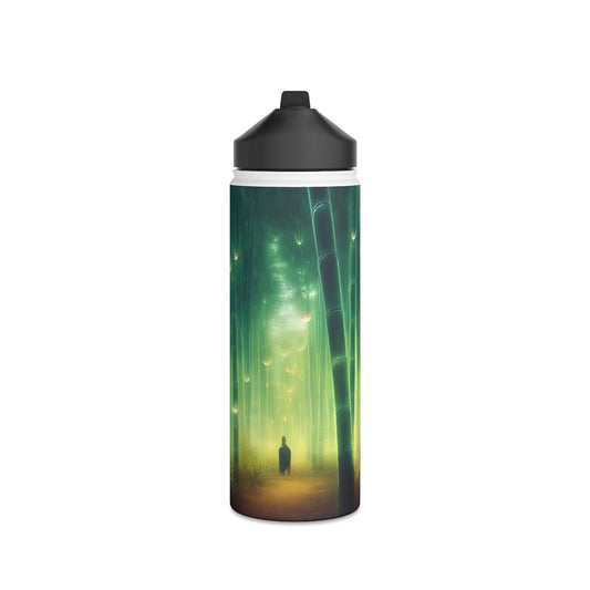 Stainless Steel Water Bottle, Standard Lid - psychedelic bamboo grove, causeway, fireflies, fantasy, intricate detail, illusion, mist, beautiful, hyper-realistic, breathtaking, ghostly figure, majestic, magic colour palette, low angle, unreal engine