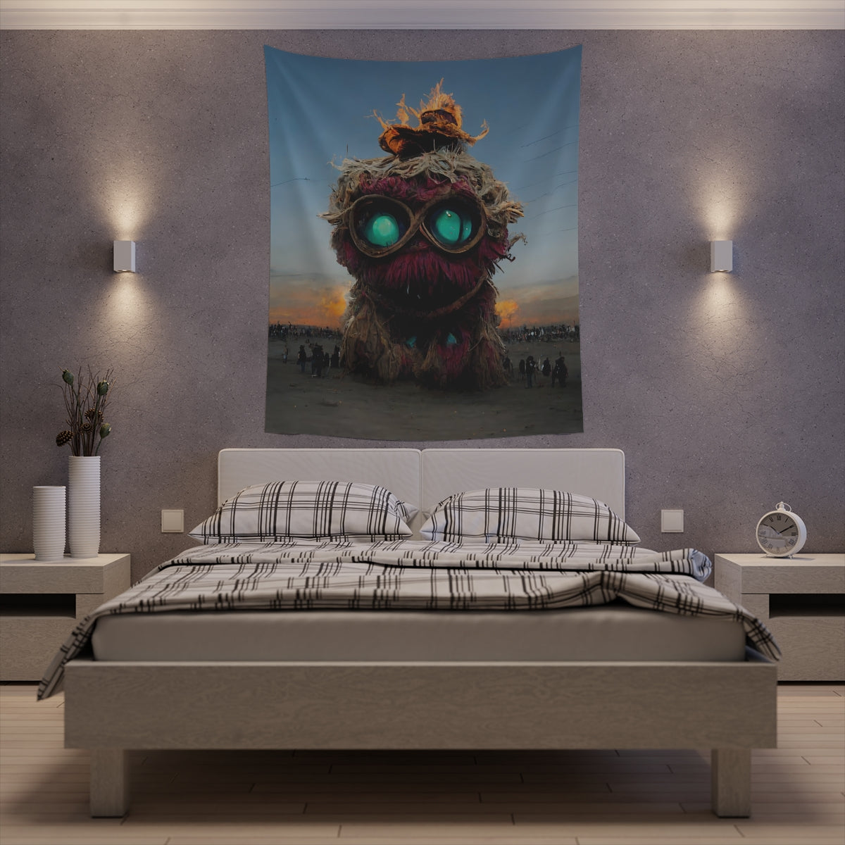 giant muppet monster rampaging at burning man - Indoor Wall Tapestries