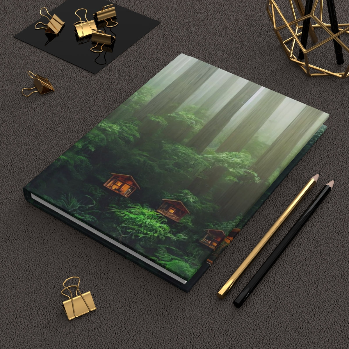 clear wooden solarpunk tree houses, set perfectly in the tops of a redwood forest, beautiful rainforest, community of the future - Hardcover Journal Matte