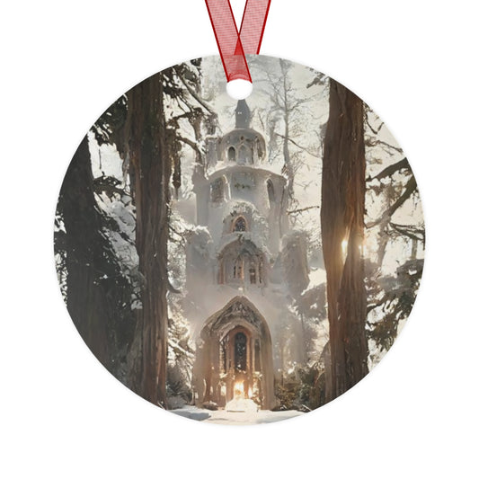 metal ornaments - elvish castle in winter forest with massive trees and extremely intricate white structures