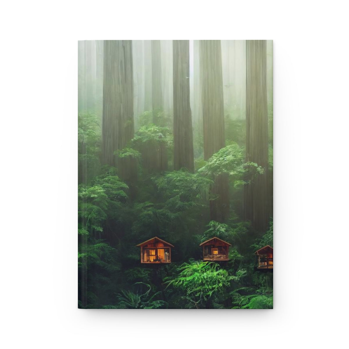 clear wooden solarpunk tree houses, set perfectly in the tops of a redwood forest, beautiful rainforest, community of the future - Hardcover Journal Matte