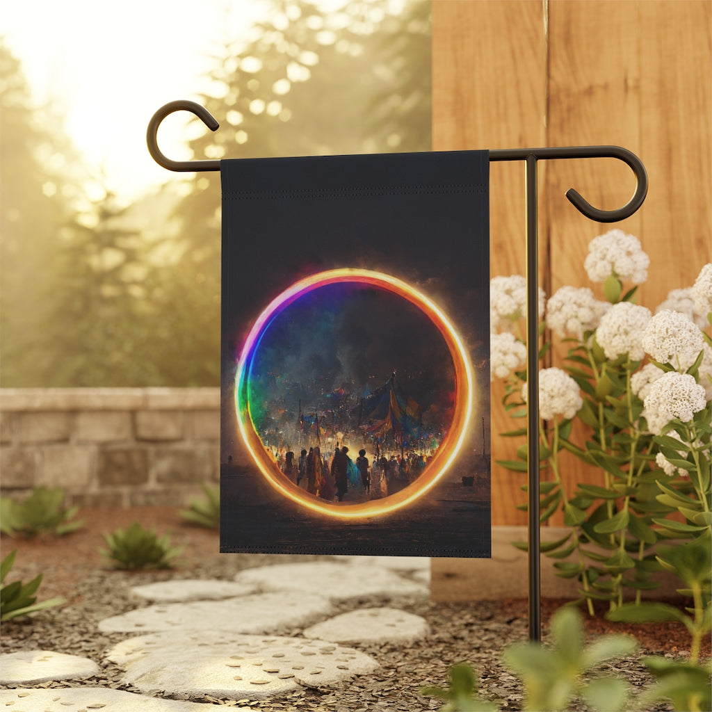 a bright rainbow circle of magic at burning man, cinematic - Garden & House Banner