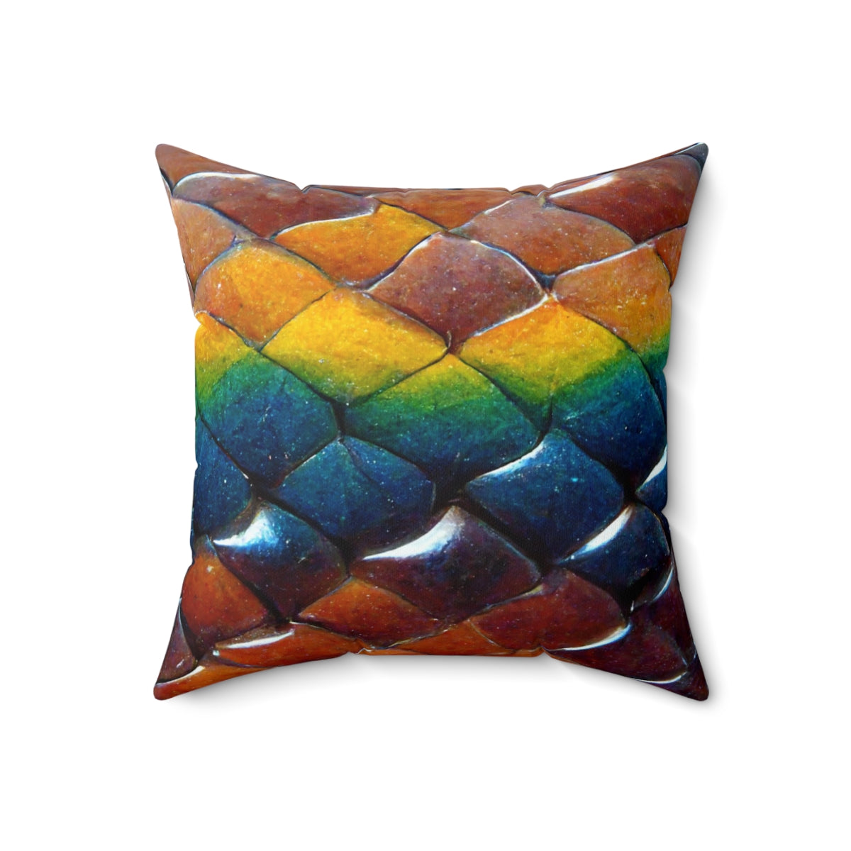 Spun Polyester Square Pillow - a tiling pattern of rainbow snake scales diamond shape