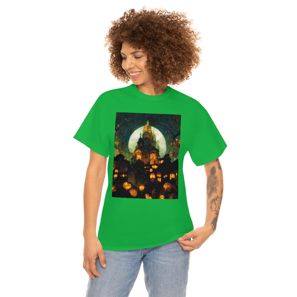 street-level_view_of_halloween_town_at_night_by_alphonse_mucha - Unisex Heavy Cotton Tee