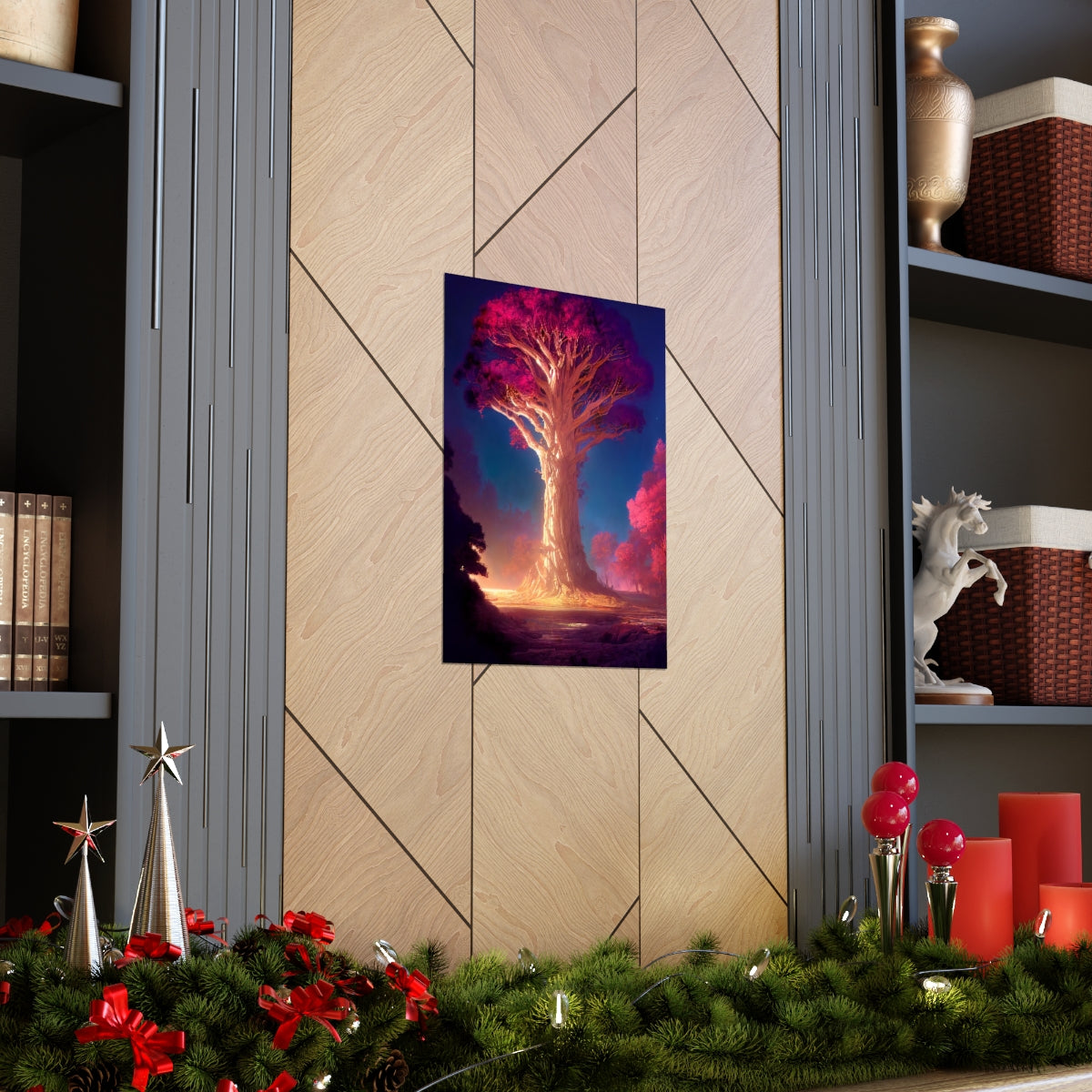 Premium Matte vertical posters - gate to a psychedelic realm, giant tree, light, highly detailed, immersive, volumetric light, detailed concept art