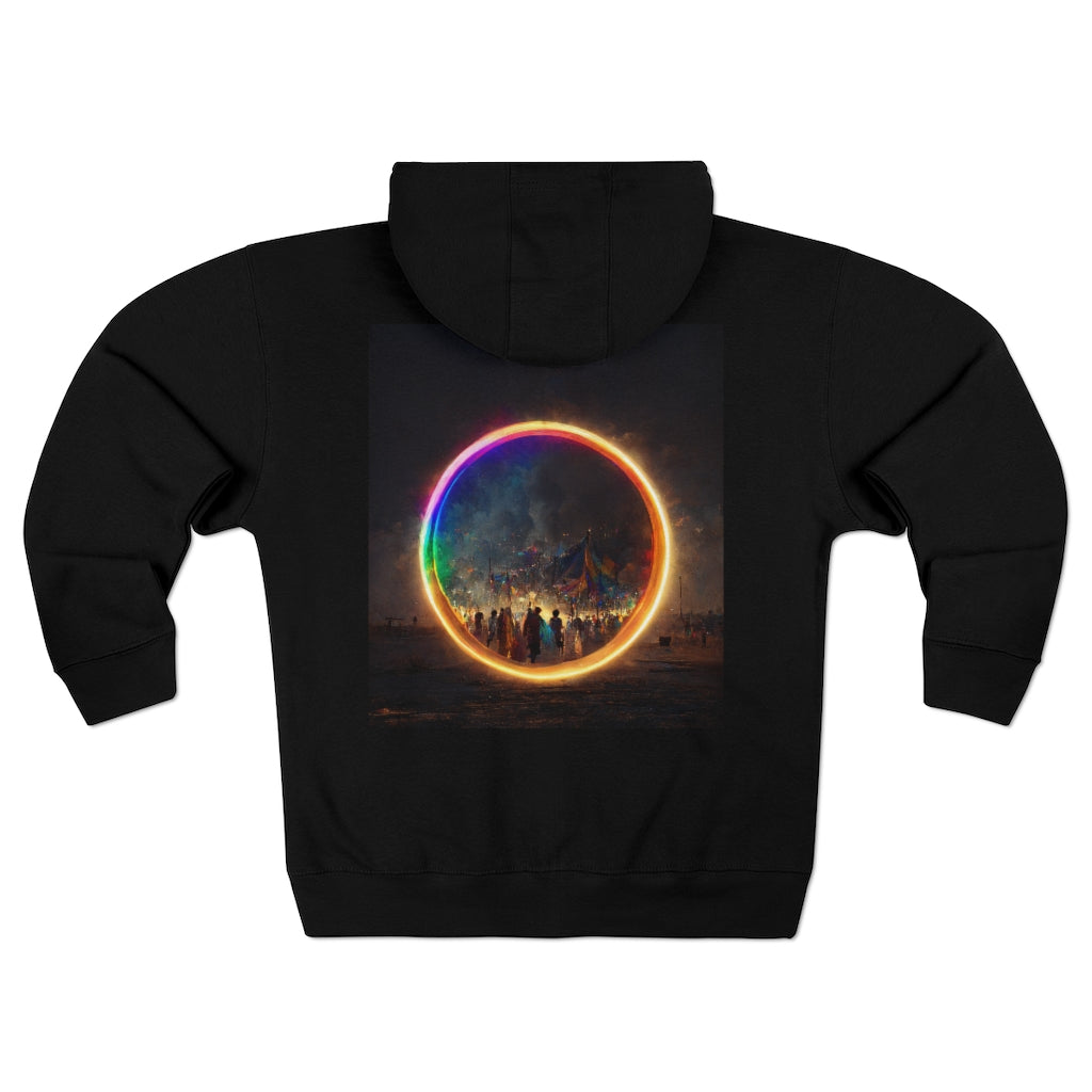 a bright rainbow circle of magic at burning man, cinematic - Unisex Premium Full Zip Hoodie