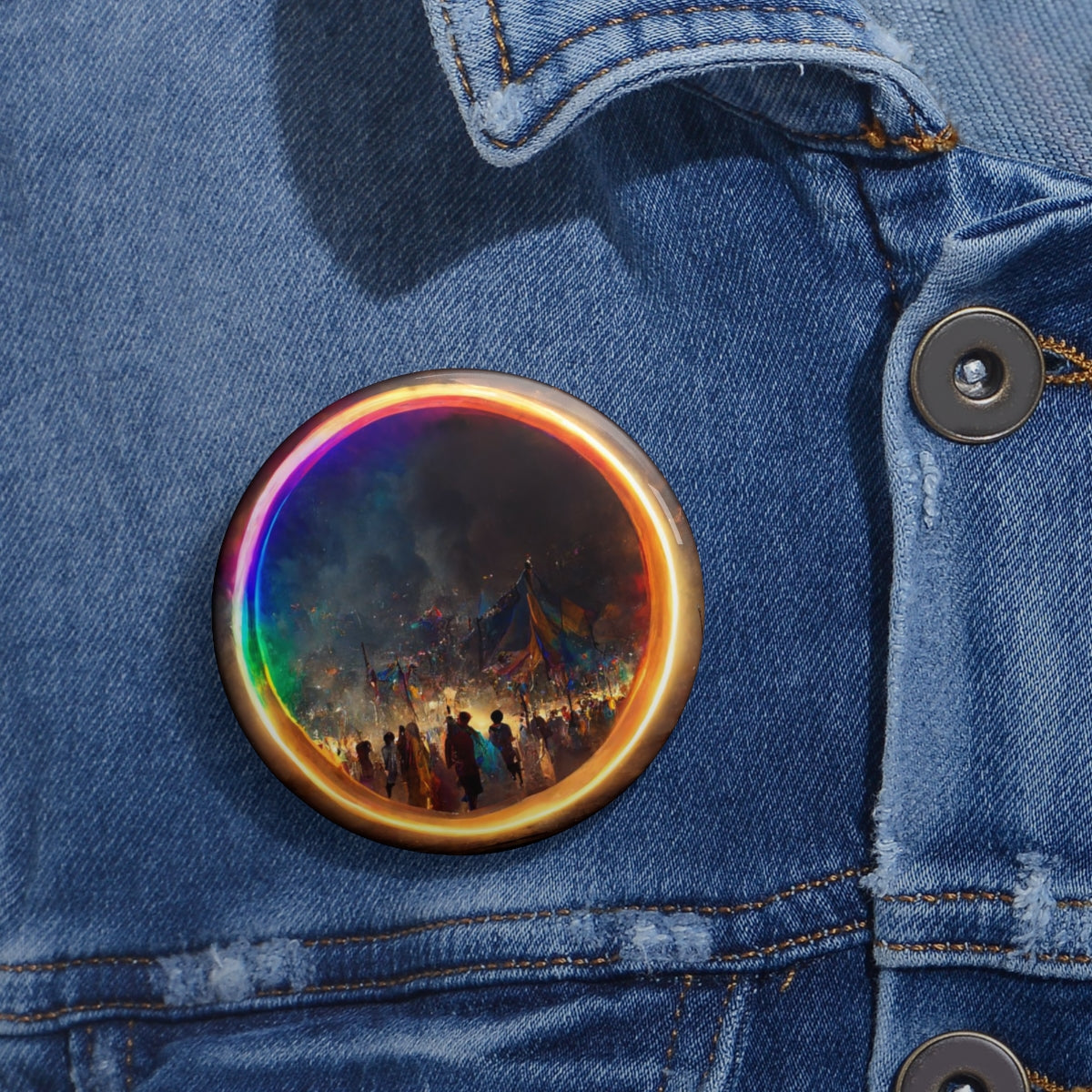 a bright rainbow circle of magic at burning man, cinematic, realistic, intricate detail, finely detailed, small details, extra detail, photorealistic - Pin Buttons