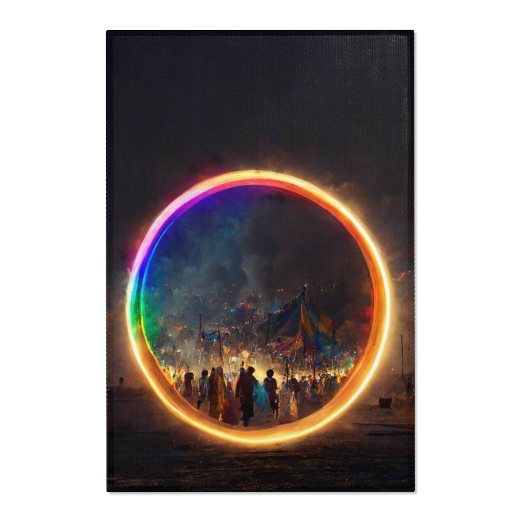 a bright rainbow circle of magic at burning man, cinematic - Area Rugs