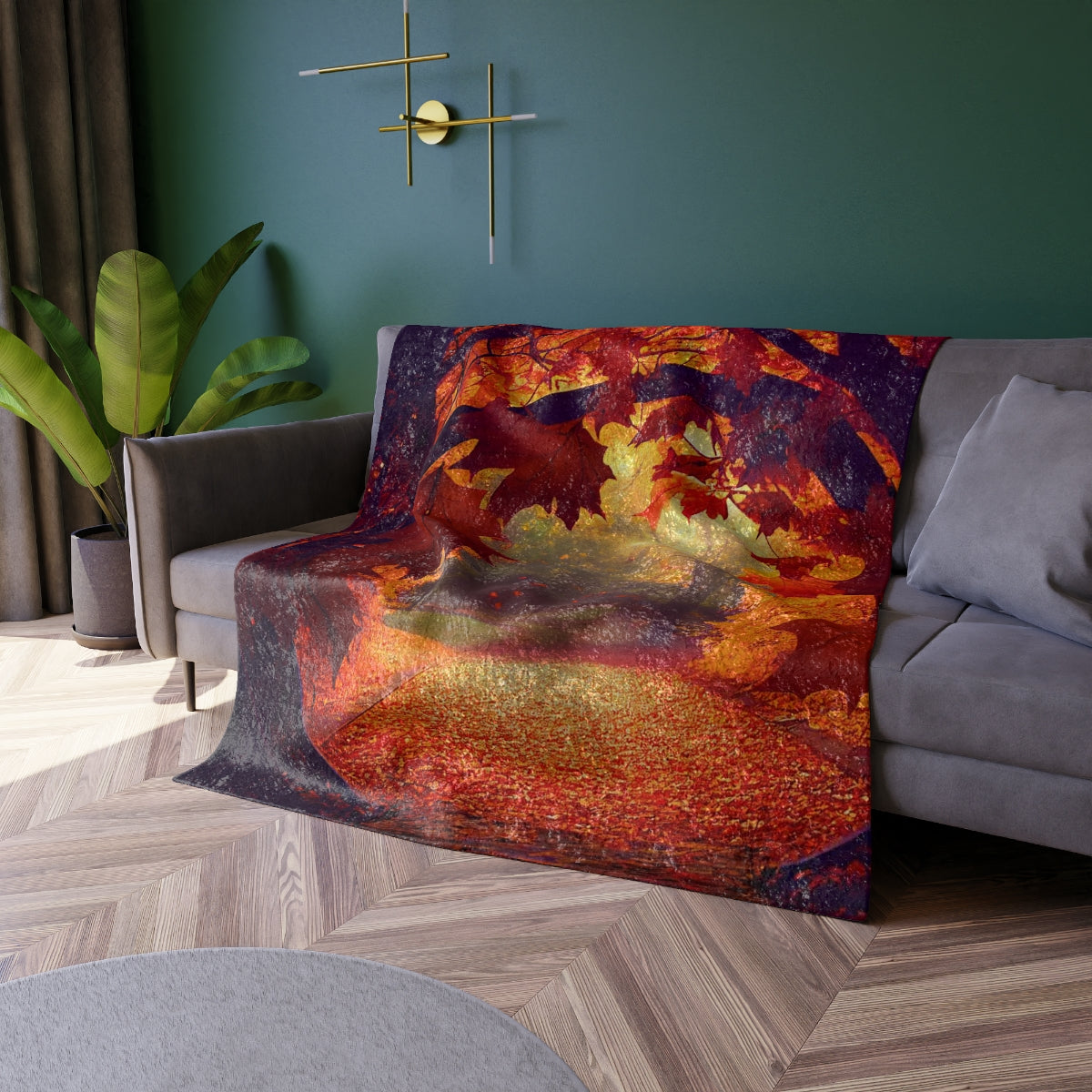 a view of autumn pouring into the autumn portal, autumn leaves, cinematic, blaze , photorealistic, vibrant, intricate detailed, 8K -  - Crushed Velvet Blanket