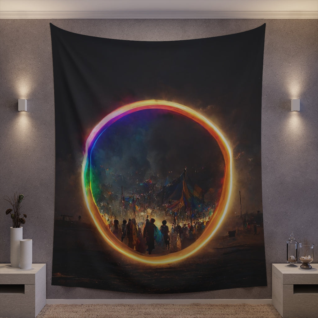 a bright rainbow circle of magic at burning man, cinematic - Printed Wall Tapestry