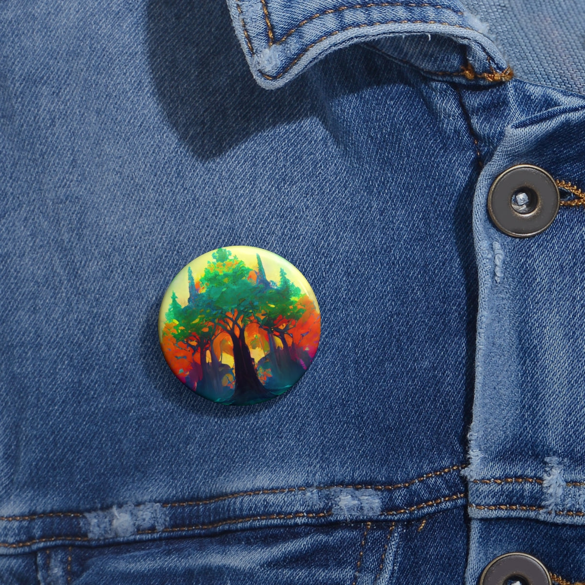 Pin Buttons - psychedelic forest of colored daylight through the stained glass leaves trees of ancient towering trees, giant tree, light, highly detailed, immersive, volumetric light