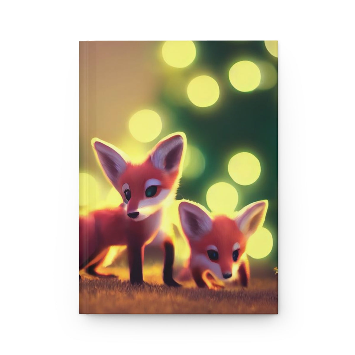 a few tiny cute adorable baby foxes, xmas tree in background, intricate fluffy details - Hardcover Journal Matte