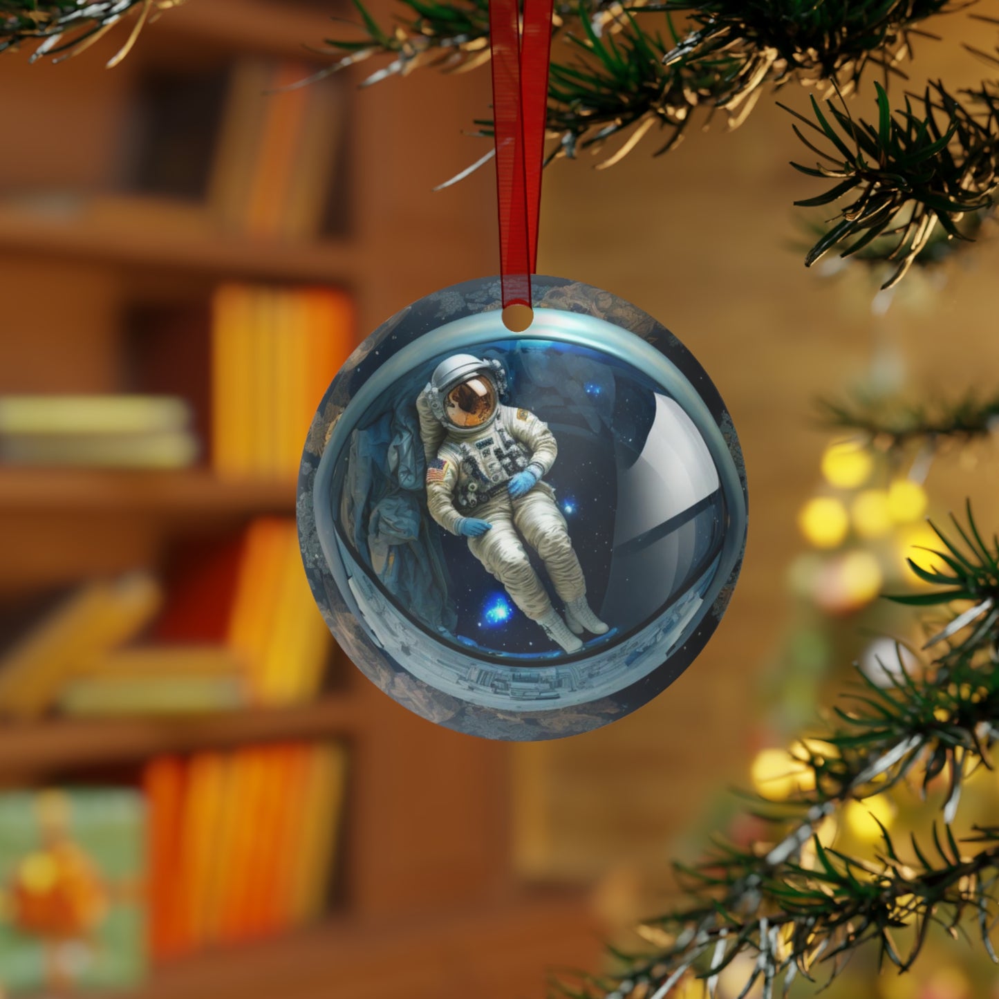 The Teafaerie: transparent spherical glass Christmas bauble with an female astronaut floating inside of it. Metal Ornament