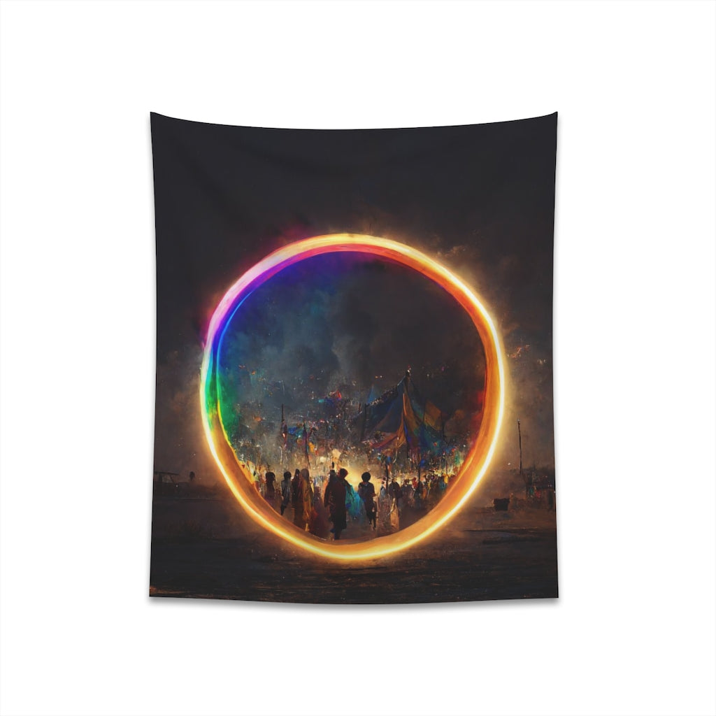 a bright rainbow circle of magic at burning man, cinematic - Printed Wall Tapestry