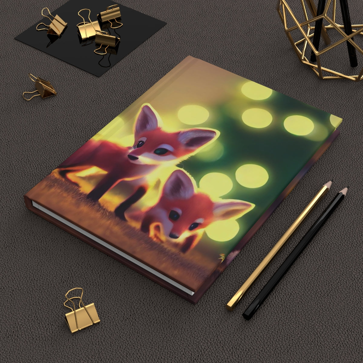 a few tiny cute adorable baby foxes, xmas tree in background, intricate fluffy details - Hardcover Journal Matte