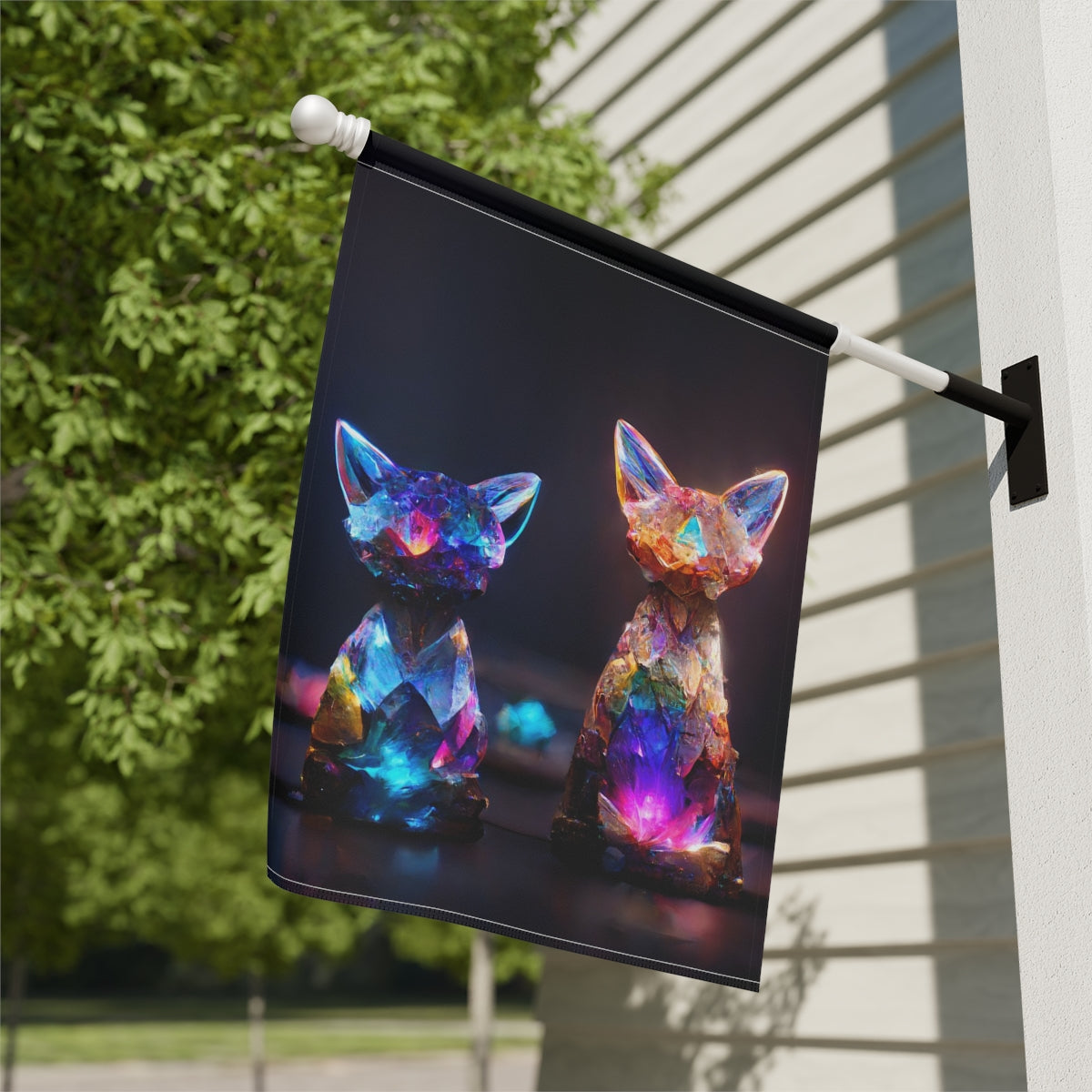 multicolored crystal fox and cat statues, magical, light background