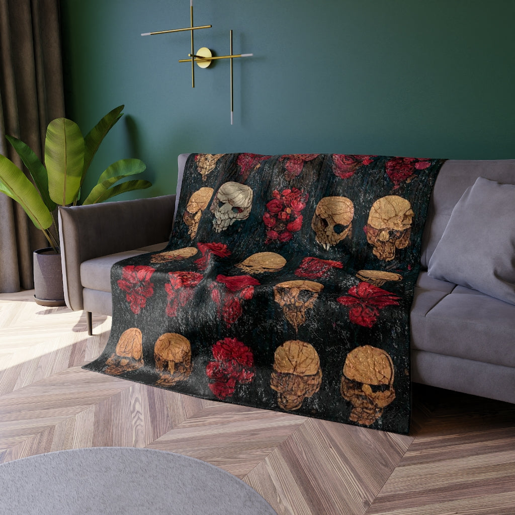 tiling_pattern_on_wood_panel_of_small_skulls_and_vivid_roses - Crushed Velvet Blanket