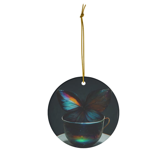 an iridescent teacup with rainbow butterfly wings behind it - Ceramic Ornament, 4 Shapes